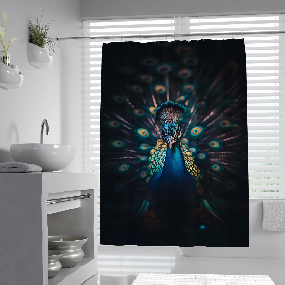 UERWOWELL Mystic Luxury Peacock Shower Curtain Teal Blue Feather Dark Background Exotic Animal Portrait Bathroom Decor Curtain Waterproof Fabric W150xL180 cm