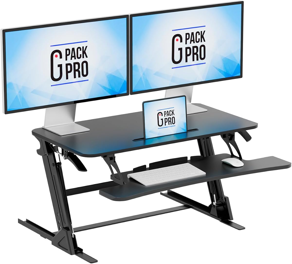 Convertidor de escritorio de pie de 36 pulgadas, altura ajustable | Superficie de trabajo para dos monitores con bandeja para teclado, marco de acero y elevación manual suave para configuraciones de oficina en casa