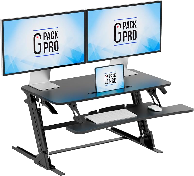 Convertidor de escritorio de pie de 36 pulgadas, altura ajustable | Superficie de trabajo para dos monitores con bandeja para teclado, marco de acero y elevación manual suave para configuraciones de oficina en casa