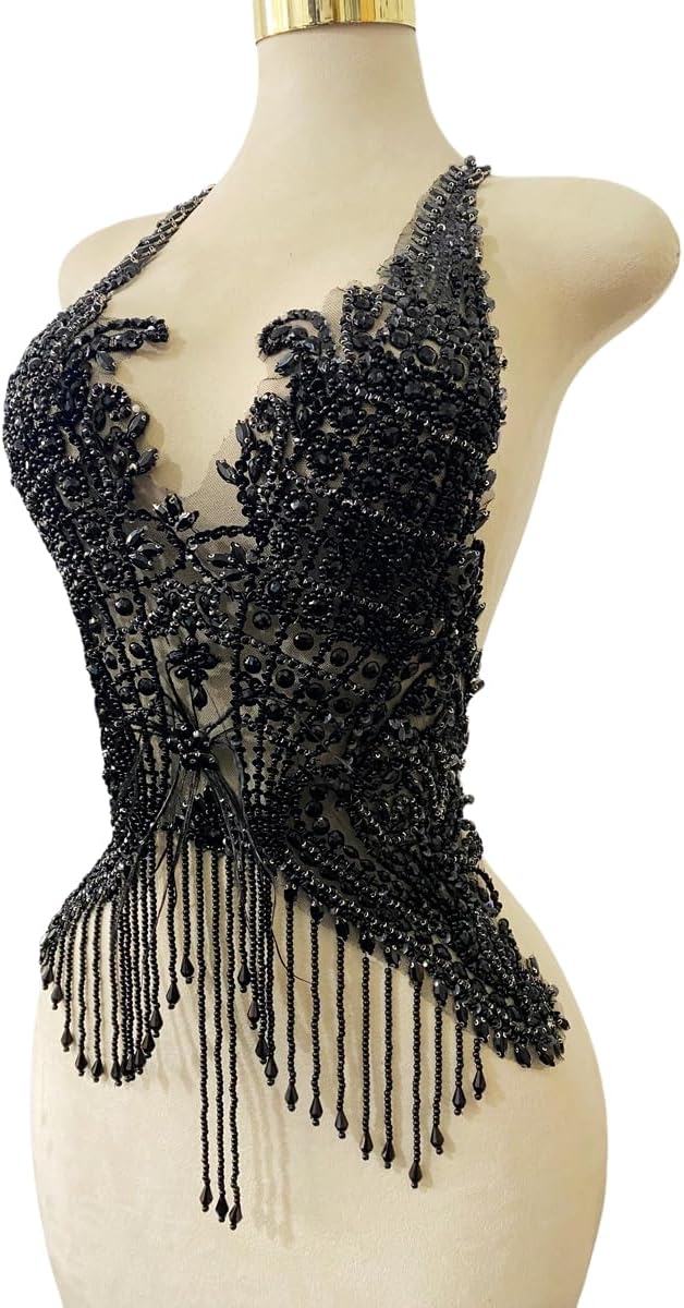 Handmade Shiny Rhinestones Bodice Appliques Hand-Sewing Beads Crystal Trim Patches Luxury Tassels Feathers Decorative Dress Accessories (Black)