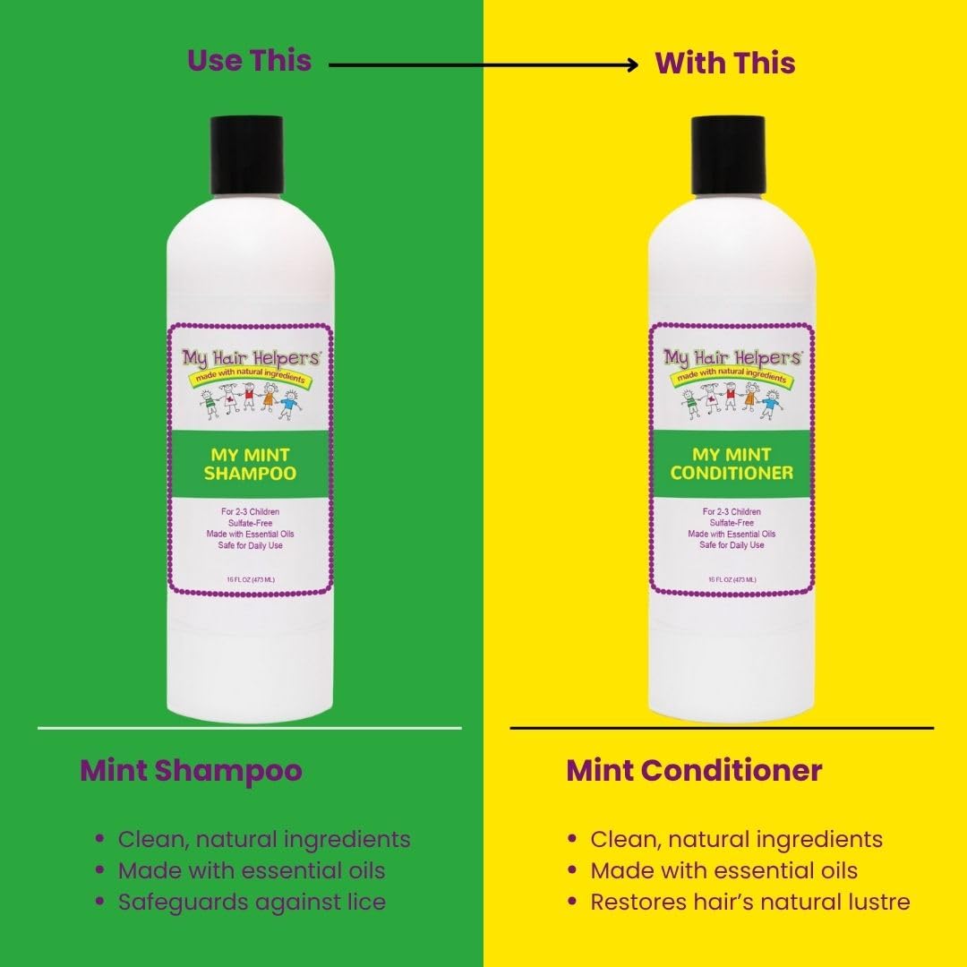 My Hair Helpers Check for Head Lice Kit with 16 oz Mint Anti-Lice Shampoo & Conditioner and Nit Comb, Works for 2-3 Kids