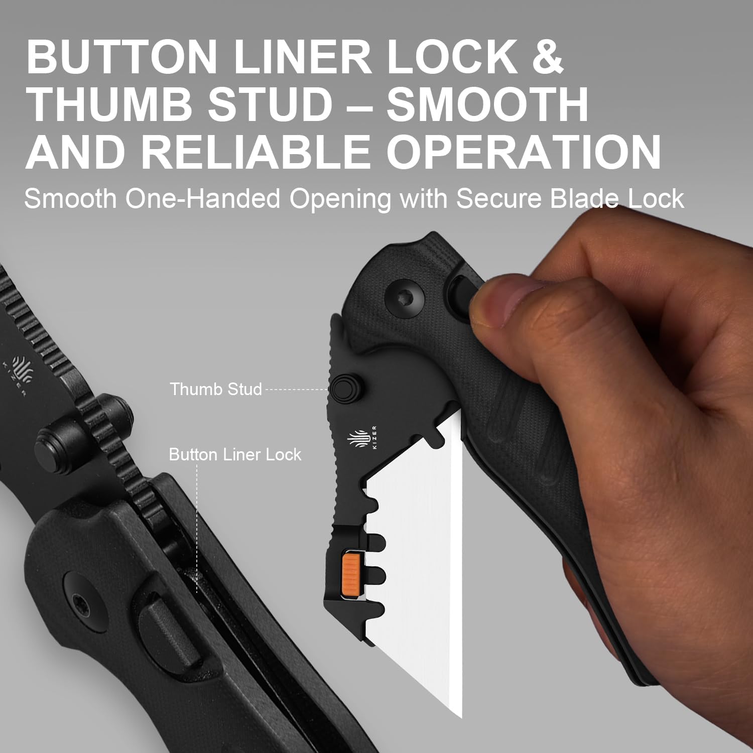Kizer C01C Uti 2 (Tool-Free Version) Utility Knife, Button Liner Lock Box Cutter Pocket Knife with 5PCS Razor Blades, Thumb Stud Folding Knives with Black G10 Handle for Men Women V3488.29JNA3