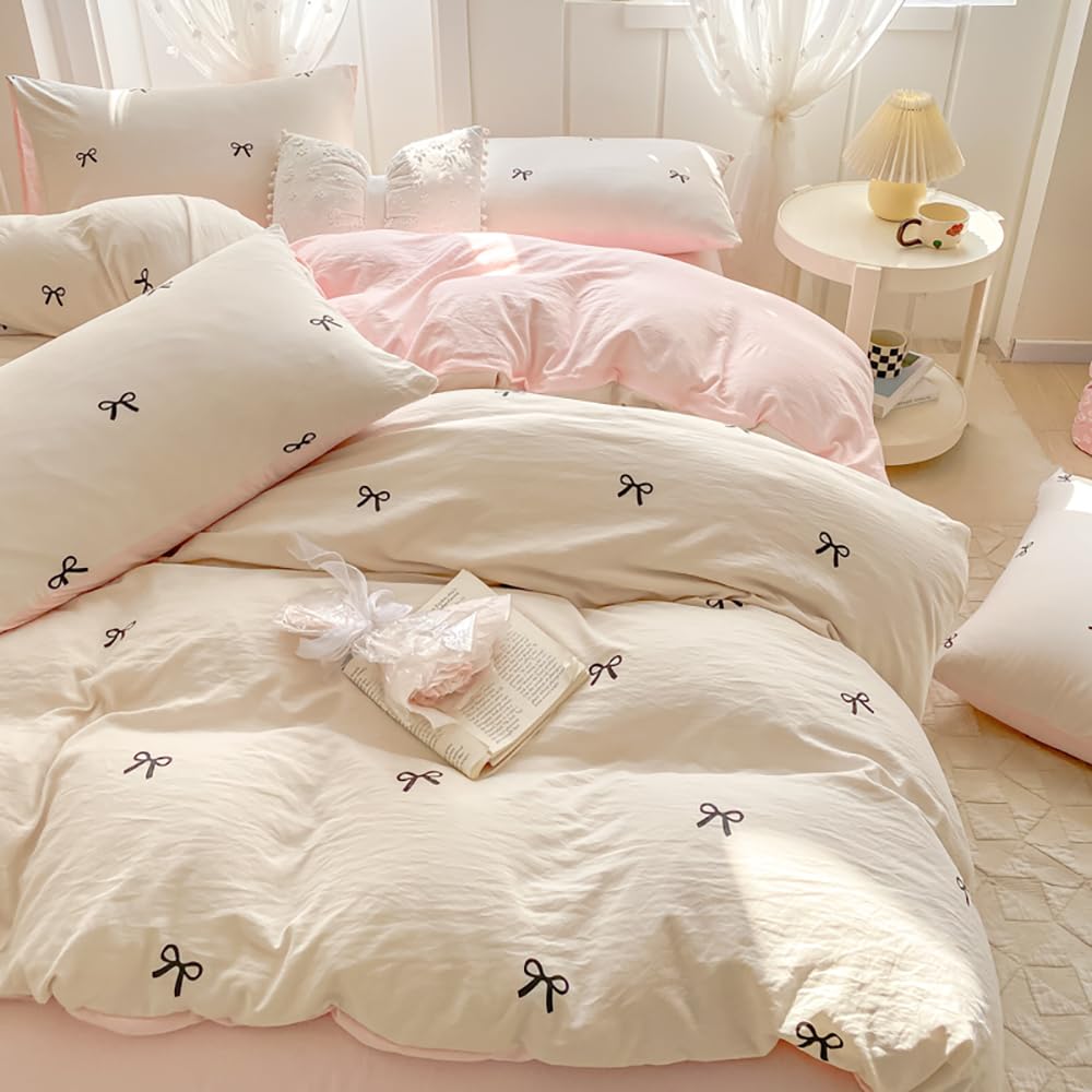 Covebett Bettwäsche 140x200 Mädchen Weiß Rosa mit Schwarz Schleifen Kinder Bettbezug 2teilig Aesthetic Kawaii Renforcé Microfaser Einzelbett Deckenbezug Reißverschluss und Kissenbezug 70x90cm