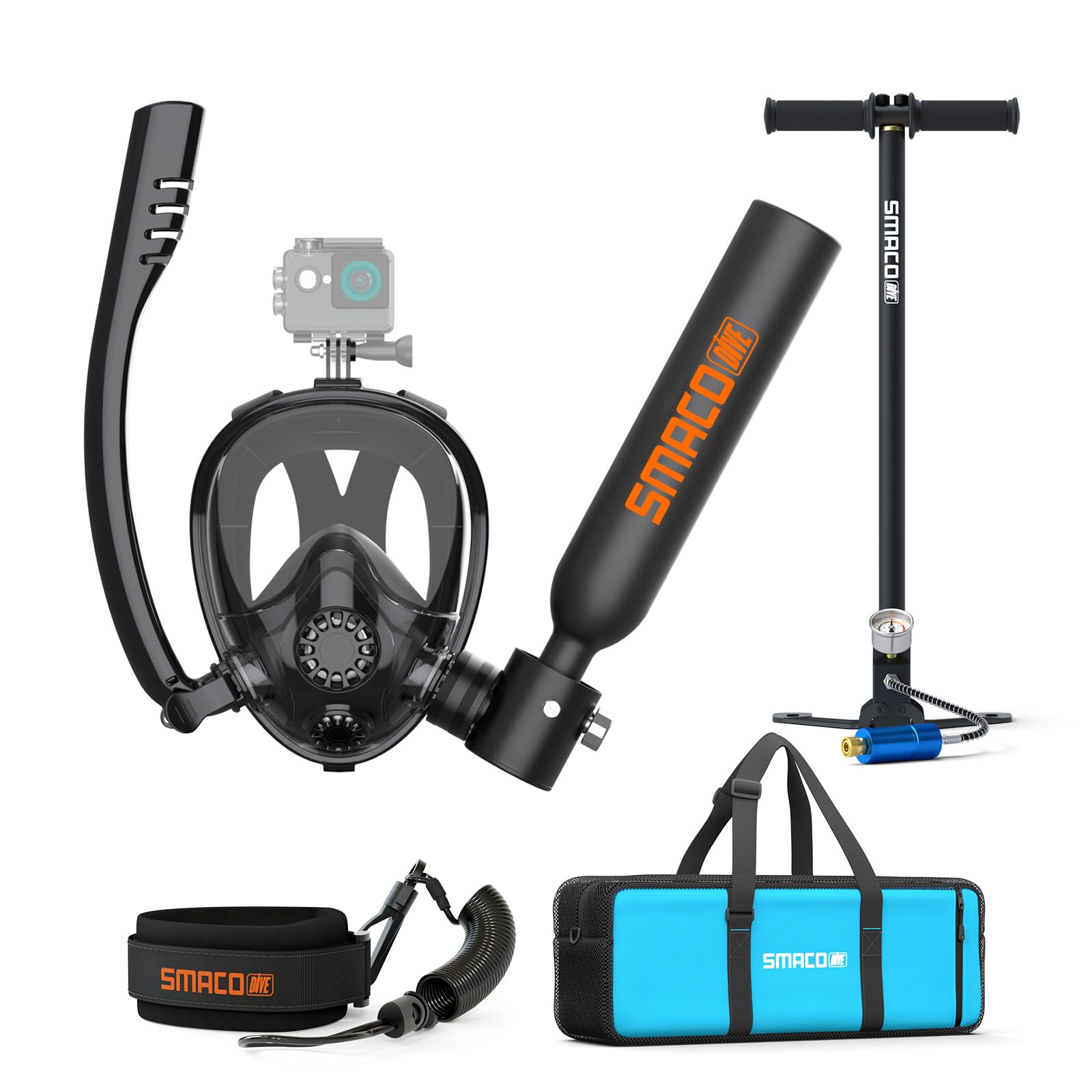 SMACO Mini Scuba Tank with Full Face Mask 0.5L Diving Tank Provide up to 10 Minutes Underwater Breath Support 30ft of Diving Depth, Portbale Pony Bottle with Hand Pump for Shallow Water Diving