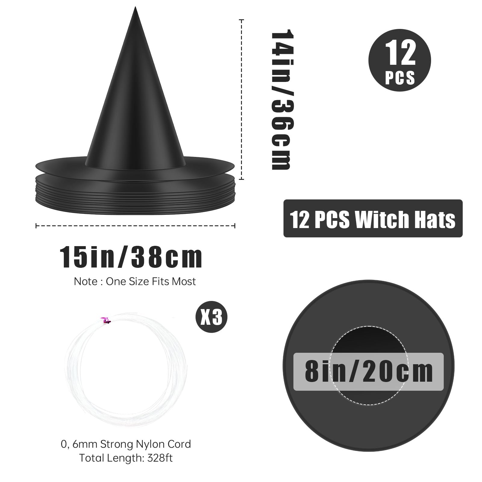 12 Pieces Halloween Hanging Witch Hats Decorations - Floating Black Witches Wizard Hats Bulk Cap Cosplay Costume Accessory with 100 Yards Hanging Rope for Women Kids Outdoor Garden Yard Porch Decor