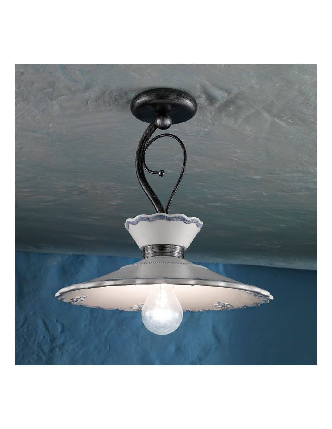 URSO STORE Plafoniera da soffitto classica per interno in ferro battuto nero e argento diffusore in ceramica con decorazioni 1 luce per camera da letto, soggiorno, salotto, sala da pranzo FL-87