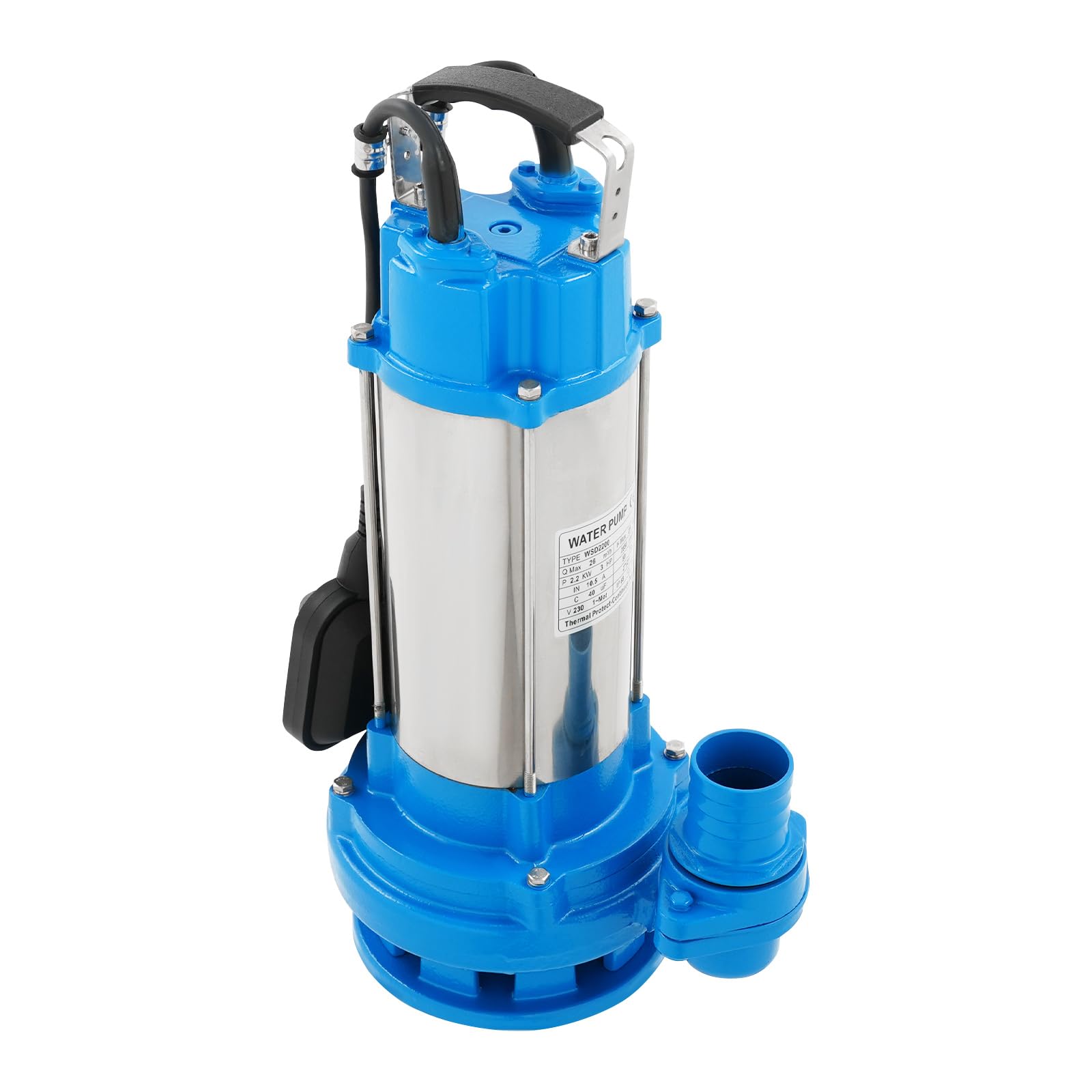 Pompa sommergibile per acque sporche, in acciaio inox, 2200 W, con interruttore a galleggiante, altezza di mandata 25 m, profondità di immersione 30 m, pompa sommergibile per acque reflue (blu)
