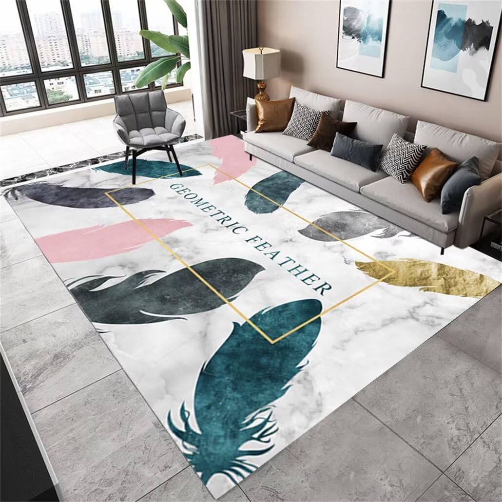 Tapis de salon lavable multicolore 150x200 cm à motif plumes pour couloir