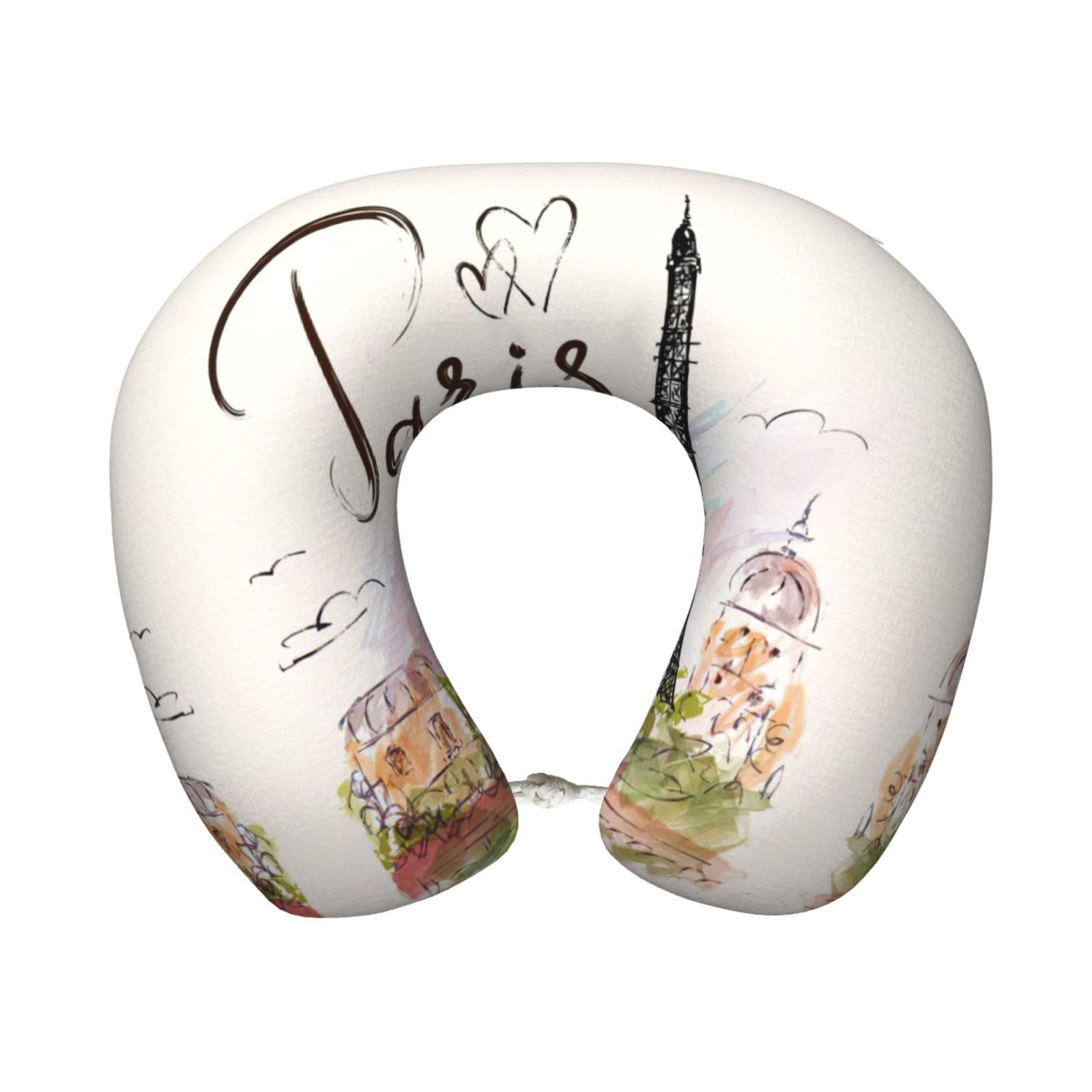 ASFgda U-Shape Memory Foam Eiffel Tower Print Travel Pillow,Neck Support,Washable Cover For Airplane Car Home Office