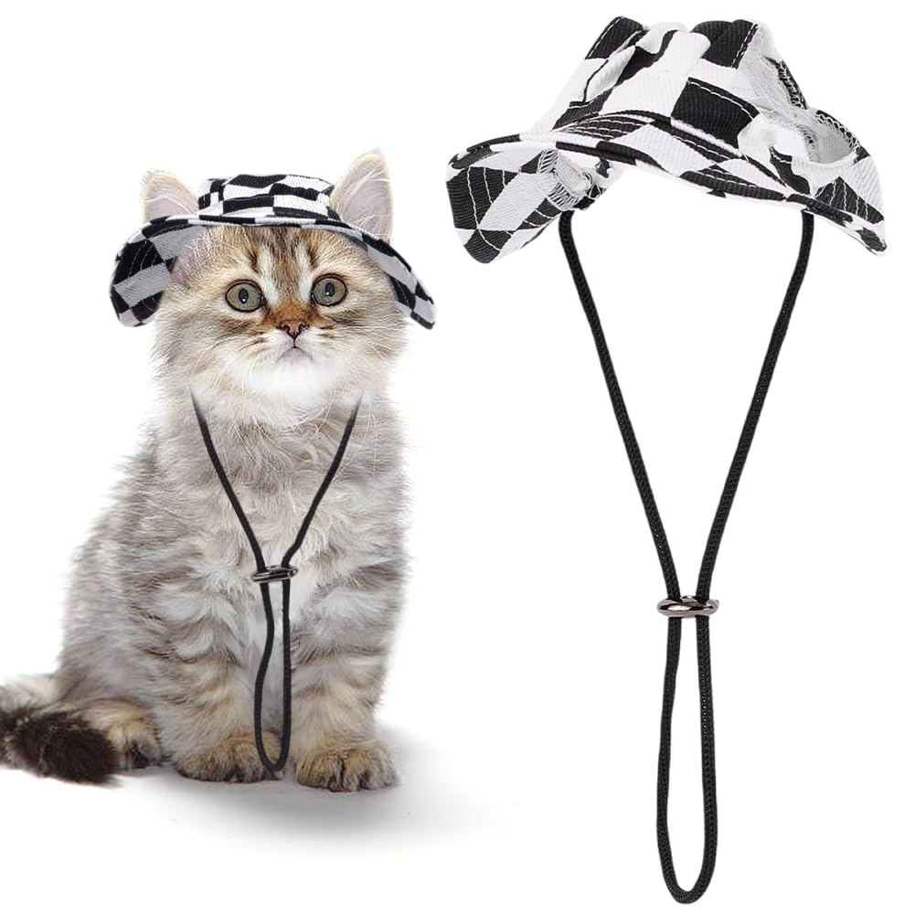 CREATCABIN Plaid Pet Hat Cat Hats Dog Hat with Ear Holes Cat Headwear Soft Cotton Outdoor Sun Protection Pet Caps Adjustable Cord for Small Cats Dogs Halloween Christmas Party Costume Black 5.7 Inch