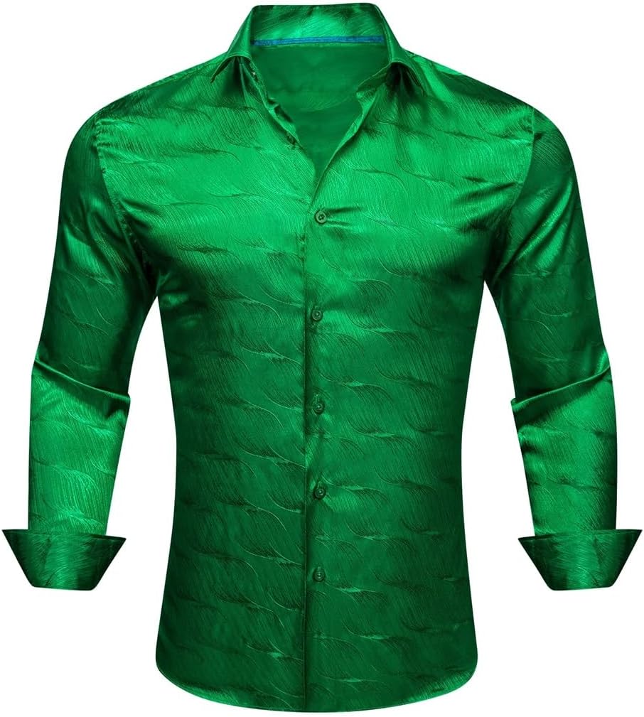 Men Silk Satin Long Sleeve Green Plain Slim Fit Male Blouses Casual Formal Tops