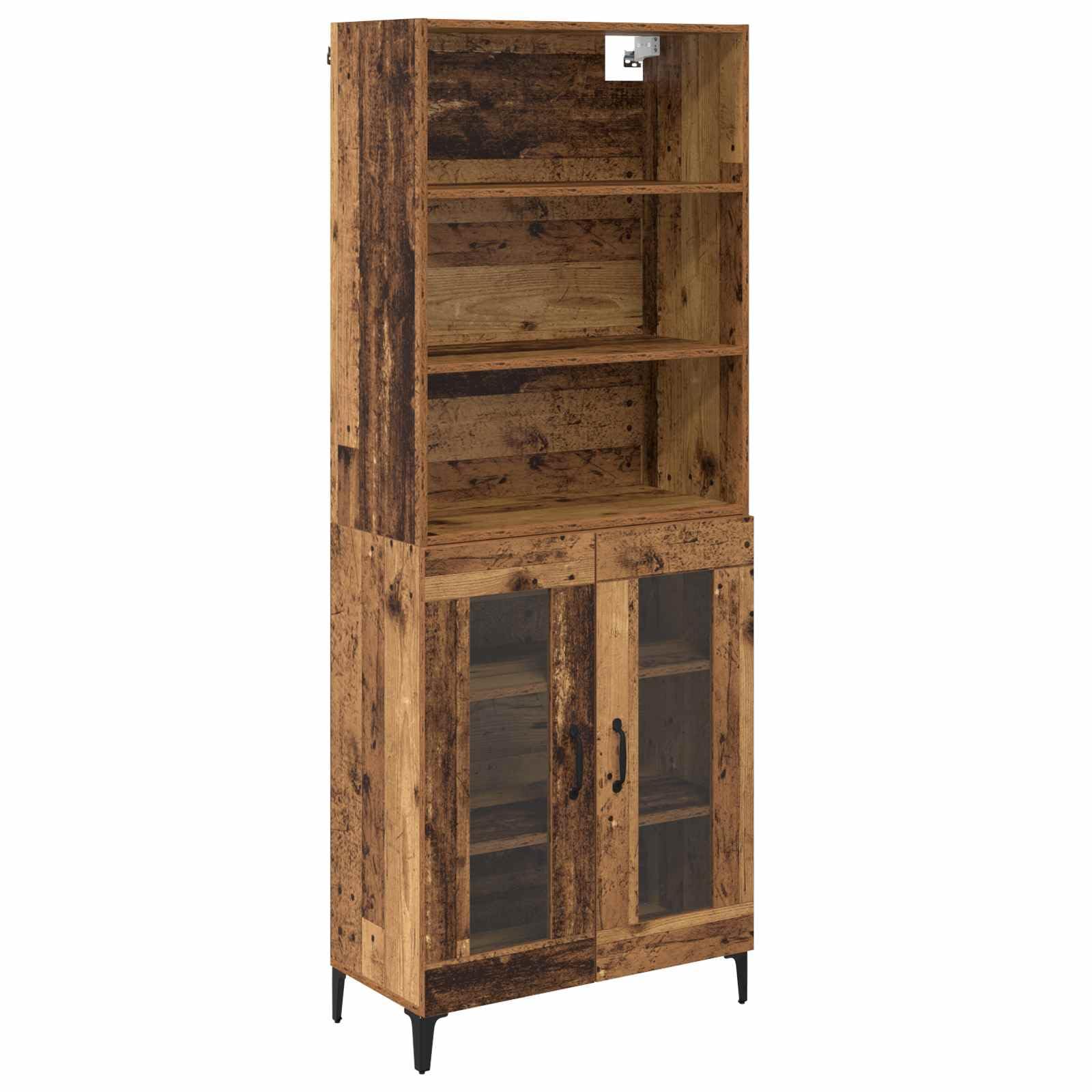 Aparador alto de madera envejecida, 69,5 x 34 x 180 cm, material de madera, con 2 puertas, estantes ajustables, patas de hierro robustas, espacio de almacenamiento versátil para comedor, salón