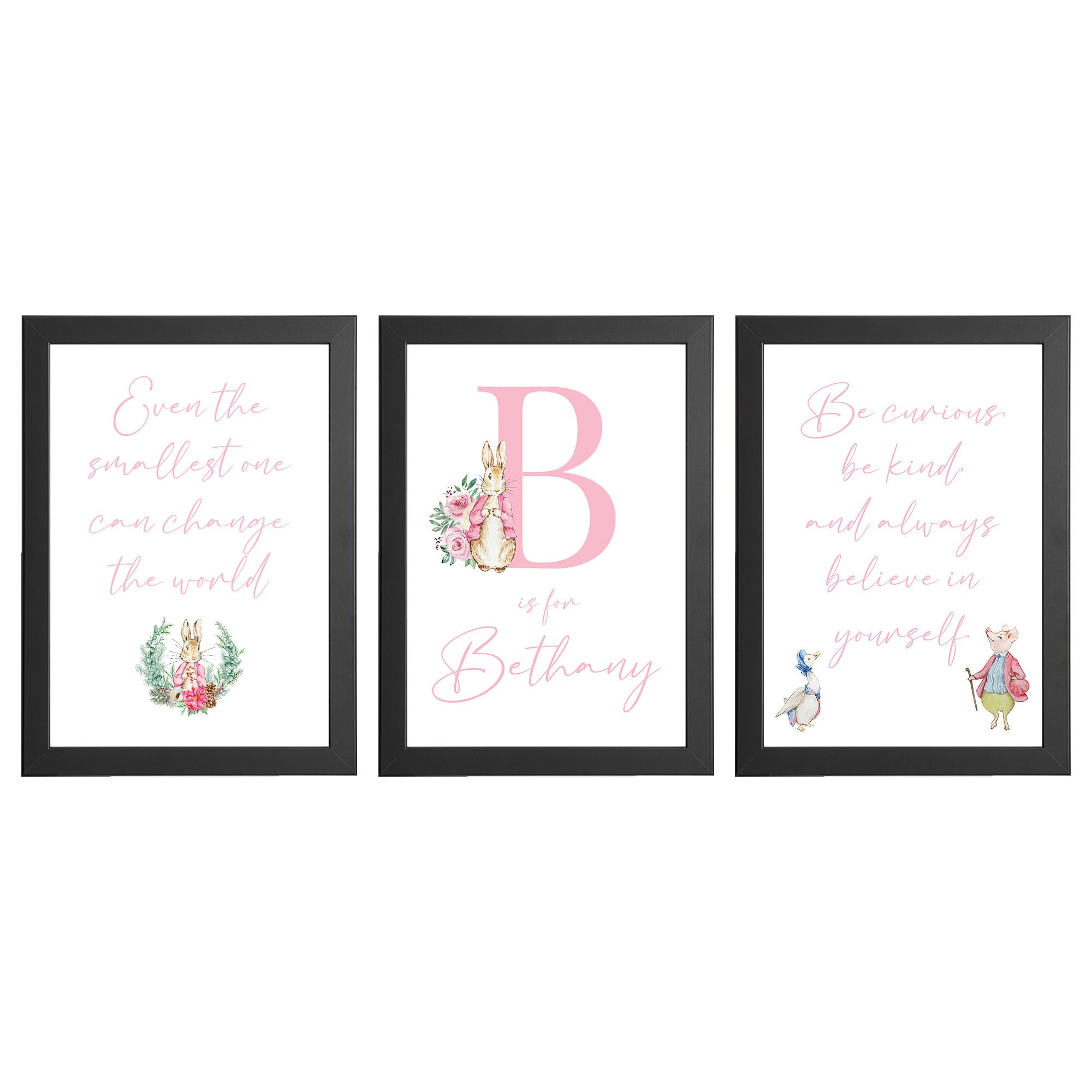 Personalised Peter Rabbit Prints For Nursery - Nursery Prints For Girl Or Nursery Prints For Girls | Childrens Bedroom Prints & Childrens Wall Art For Bedroom Walls In A5, A4 and A3 - Pink