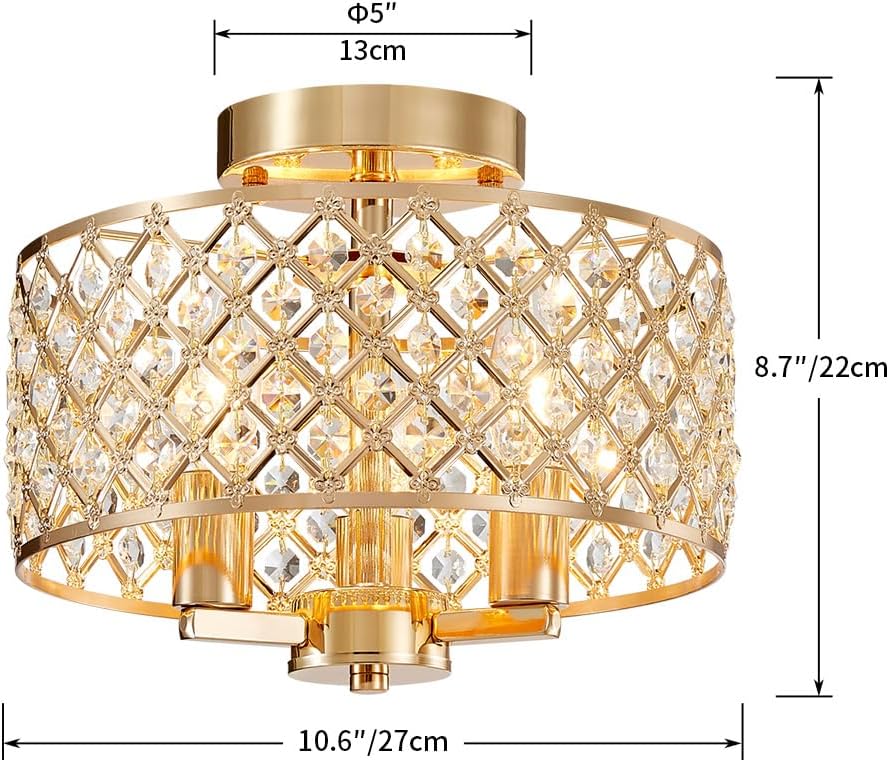 AGV LIGHTING Semi Flush Mount Ceiling Light Fixture, Modern Crystal Ceiling Light Fixture, 3-Lights, Soft Light Gold