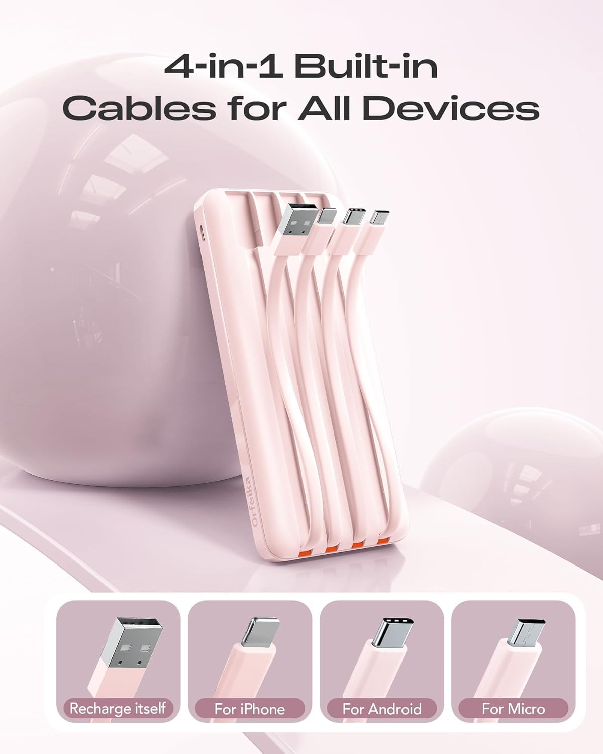 Orfeika 20000mAh Power Bank Schnellladung, tragbares Ladegerät mit 4 integrierten Kabeln & 6 Ausgängen, 20W PD USB C Akku Pack kompatibel mit iPhone 16/15, Galaxy, Android, iPad & mehr (Travel