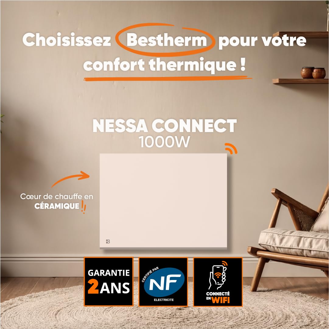 BESTHERM - Radiateur électrique fixe connecté WIFI à inertie sèche céramique 1000W Bestherm NESSA CONNECT horizontal blanc