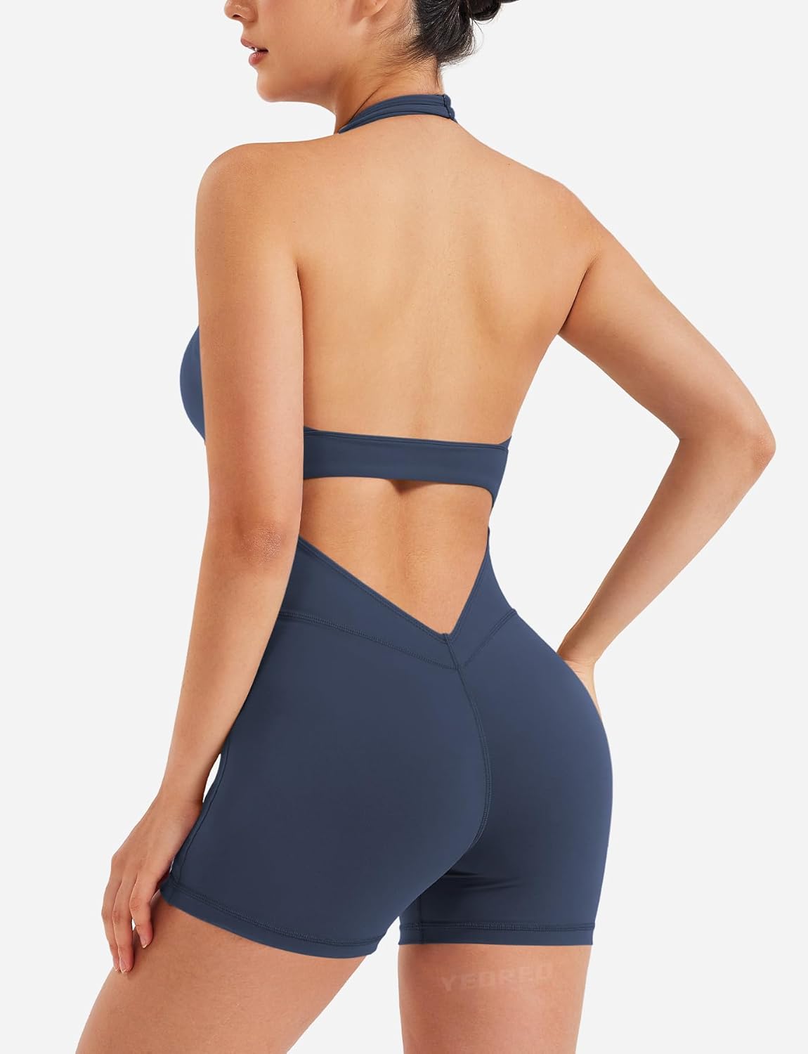 YEOREO Women Halter Workout Jumpsuits One Piece Backless Bodycon Bodysuits Hidden Scrunch V Back Yoga Joceline Short Romper - Image 2