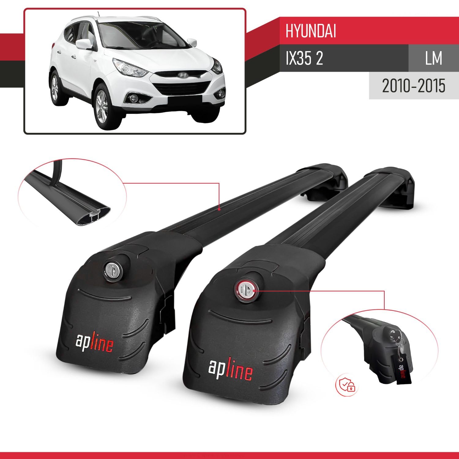 Kompatybilny z Hyundai ix35 2 (LM) 2010-2015 Aluminiowy bagażnik dachowy – 2 poprzeczki, czarne