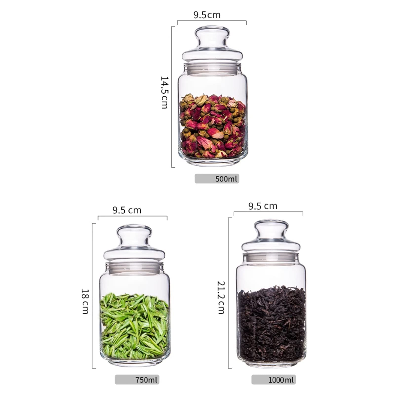 Kanister für Tee, Kaffee und Zucker Set mit 2 runden Teedosen und Kaffeedosen aus Glas luftdichten Deckeln