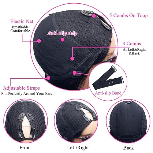 Miniatura 9 de Pobokix Pelucas de cabello humano virgen brasileño lacio con reflejos degradados, con parte en U, 180% de densidad, sin pegamento, con clip de