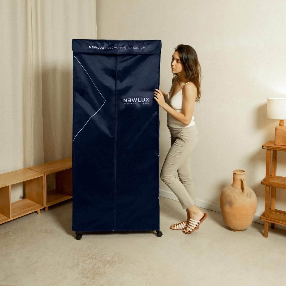 Newlux - Tragbare Elektrische Wäschetrockner Secadry (1200W) mit UV-Licht zur Desinfektion. Kapazität 15Kg, Temp. 180min, 4 Stufen. Belüftungstrockner ideal als Schranktrockner, Blau