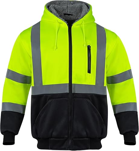 Miniatura 2 de VENDACE Sudadera con capucha para hombre ANSI Clase 3 de alta visibilidad, de lana, forro polar, con cremallera, con parte inferior negra (amarillo,