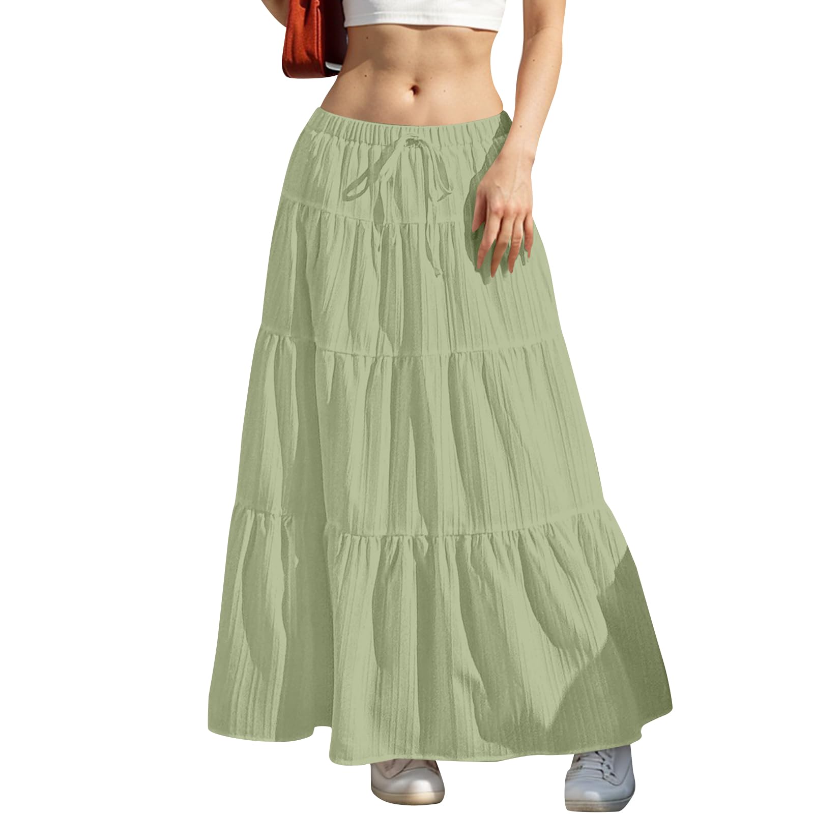 Tiered Long Skirts for Women Summer Vacation A-Line Pleated Skirt Drawstring High Waisted Flowy Swing Maxi