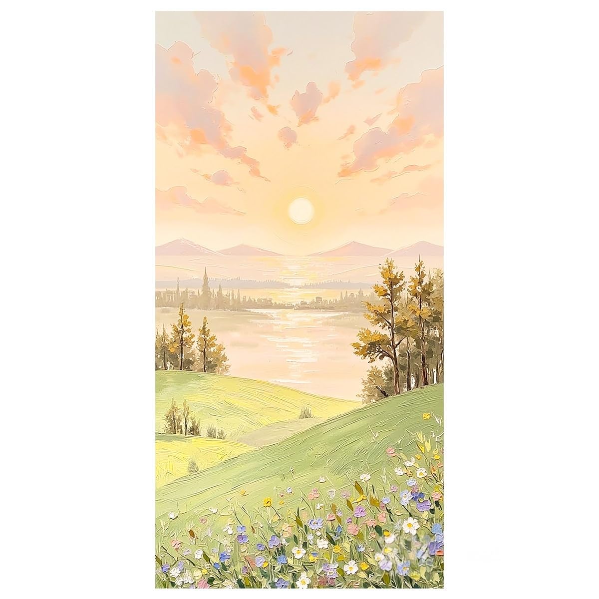 LCDIUDIU Oil Paintings On Canvas Large Unframed Vertical Spring Sunrise Landscape Wall Art Abstract Textured Wildflower Meadow Modern Artwork Decor for Living Room Bedroom Home 100X200Cm(39.4X78.7I