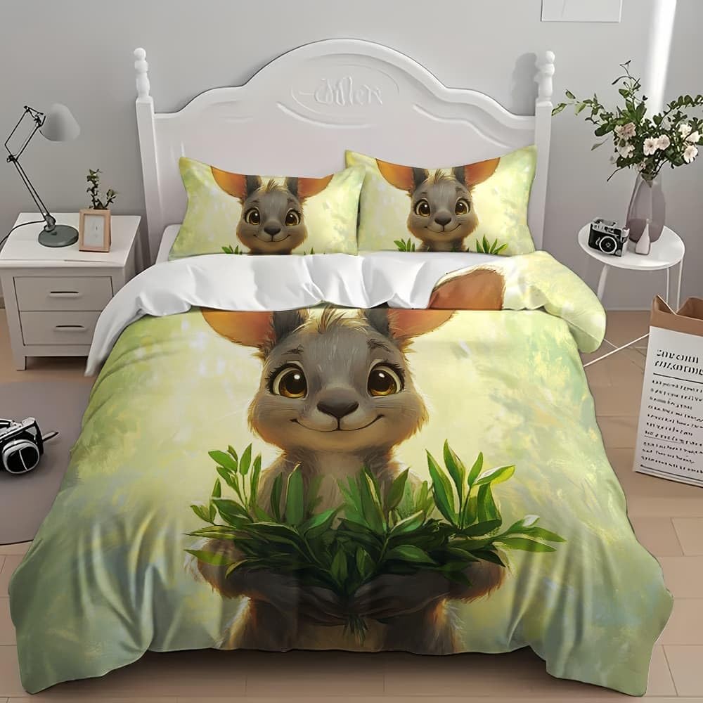 Motivo A Coniglio Infantile Copripiumino 2 Persona con Cerniera 240x220 cm Verde Set Biancheria da Letto in Microfibra, Lavabile in Lavatrice, per Bambini, Adolescenti e Adulti