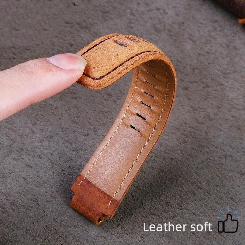Close-up image of a watch strap being flexed by a hand, illustrating the softness and flexibility of the leather material.
