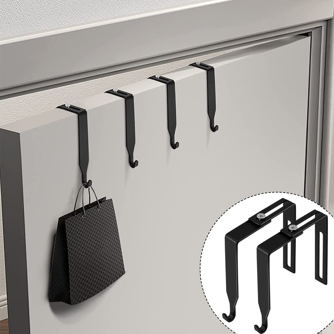 Perchas ajustables para cubículo sobre la puerta, 4 ganchos de metal para cubículo, perchas universales para dividir cubículos de oficina, panel de ajuste de 1.35 a 2.4 pulgadas
