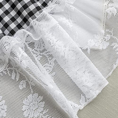 Reverseclock Buffalo Check Window Valance Floral Lace Curtain Tiers Rod Pocket Window Treatment Plaid Gingham With Bows For Kitchen, Farmhouse, Living Room, Bedroom, Cafe (Black,18" H X 52" W) #TOP5