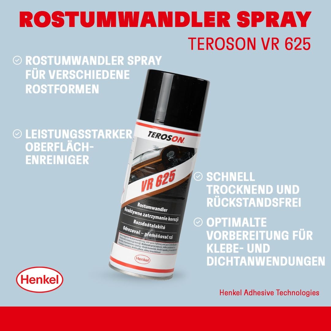 Teroson VR 625 Convertitore di ruggine a base di resine sintetiche, Spray per il trattamento di varie forme di ruggine, Convertitore di ruggine Spray con primer, 1 x 400 ml