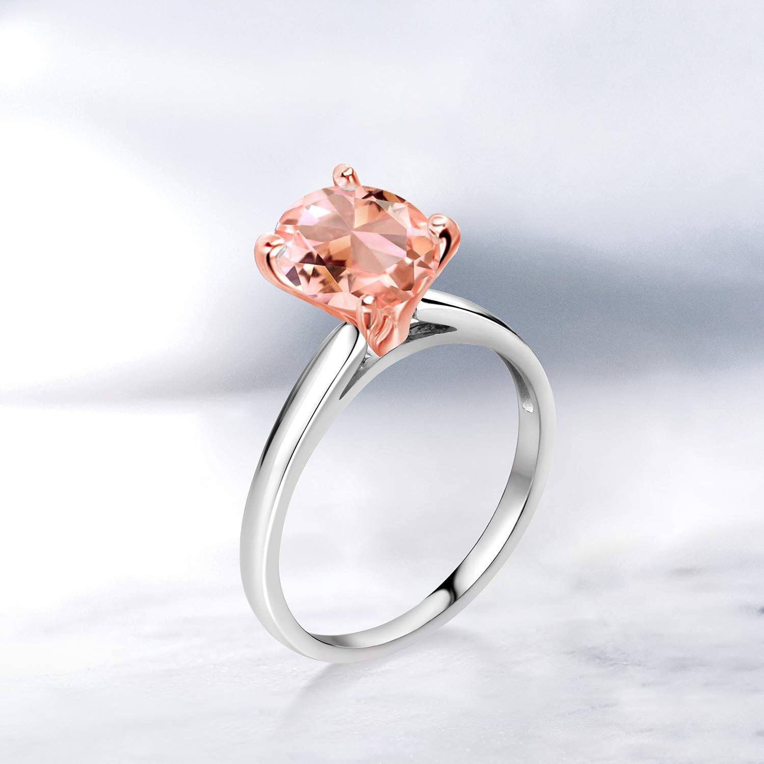 Gem Stone King 2.00 Cttw Peach Simulated Morganite Solitaire Ring For Women | 925 Silver and 10K Rose Gold | Oval 9X7MM | Gemstone Birthstone | Size 5,6,7,8,9