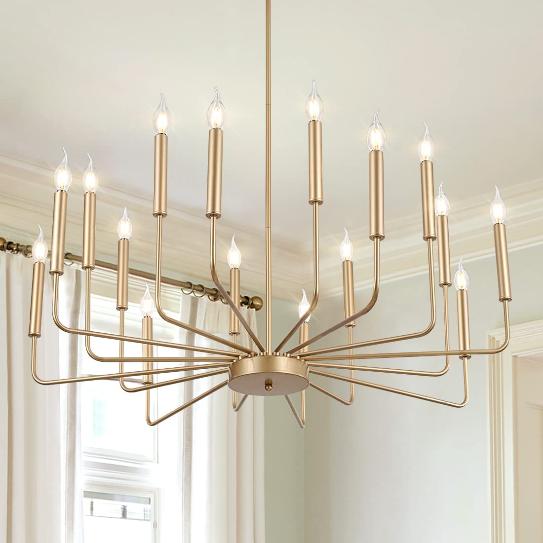 Modern Farmhouse Gold Chandelier, 16-Light Rustic Candle Chandelier, Industrial Hanging Chandeliers for Dining Room, Kitchen, Foyer, Entryway, Living Room