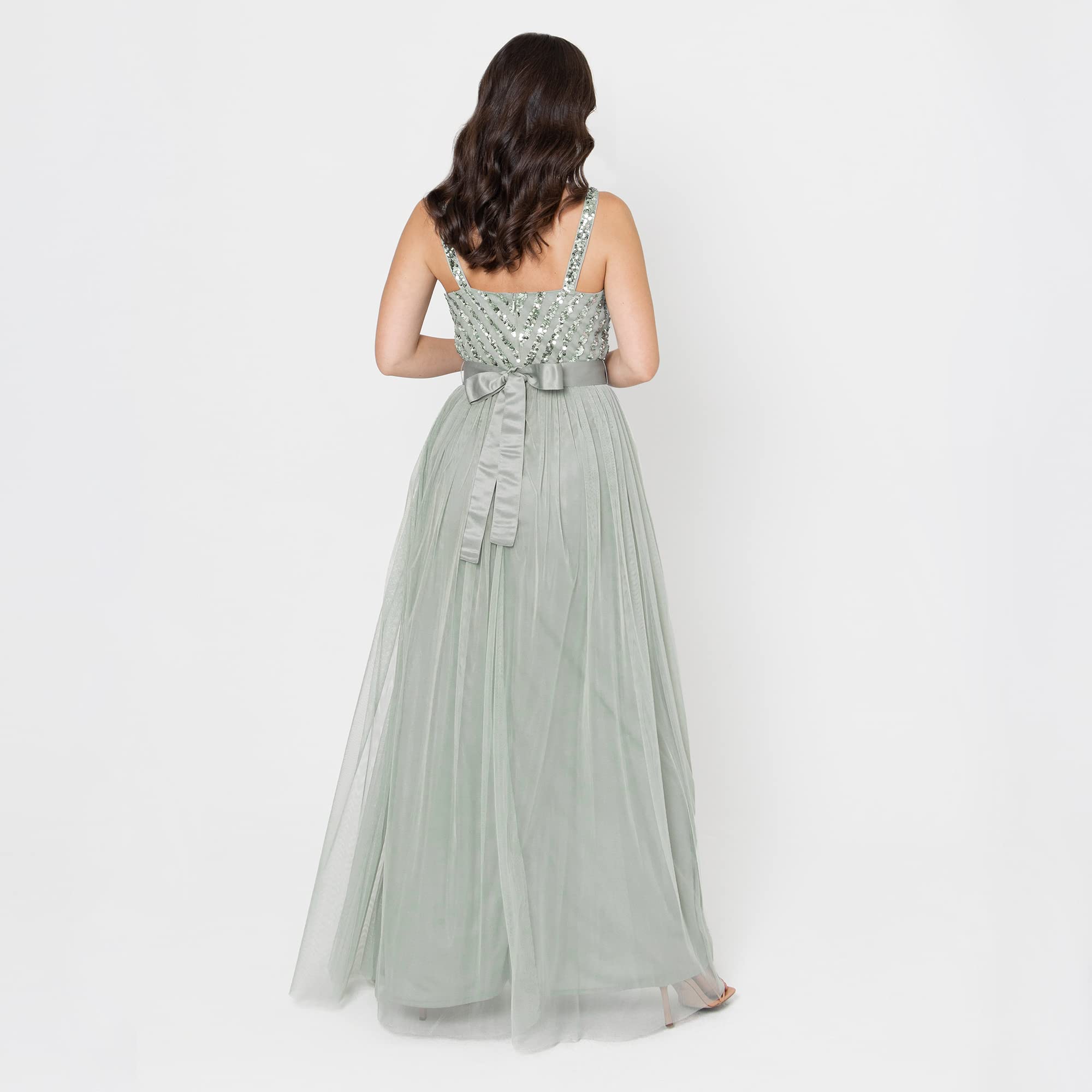 Maya Deluxe Maxi Abendkleid Damen Elegant für Hochzeit mit V-Ausschnitt Tüllkleid Damen mit Schleife Brautjungfernkleid