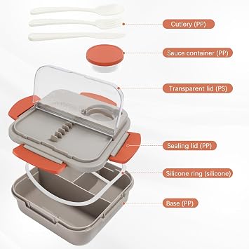 Single Layer Bento Box with 3 Compartments, 1400ml Lunch Box with Cutlery Set, Portable Dinner Snack Boxes Food Containers for School Work Men Women Students Microwave Dishwasher Safe (Khaki)