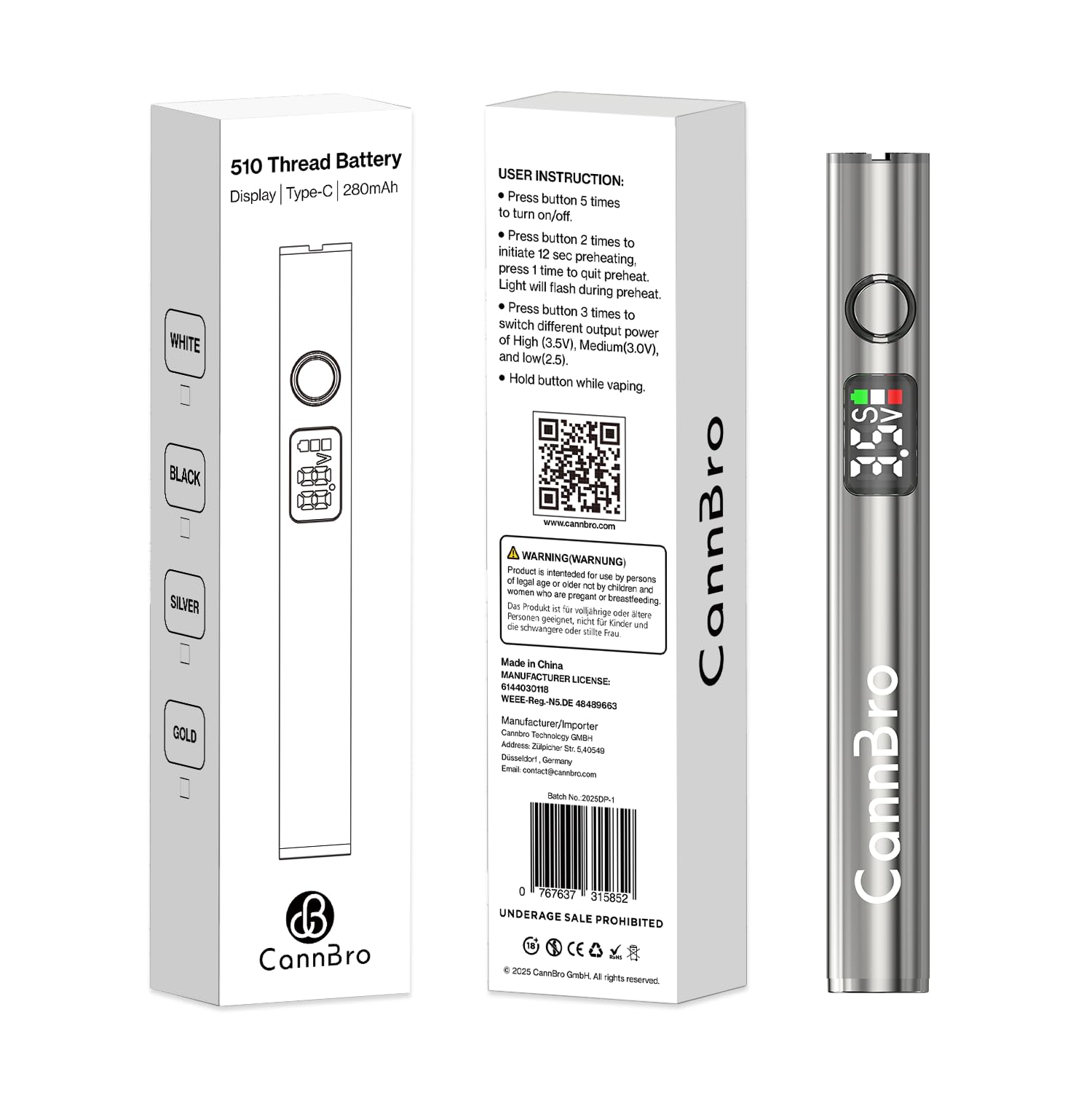 CannBro 510 Vape Battery - Button Battery with Display, 3 Power Levels,  Preheating Function & Real-time Display for Voltage and Battery (USB-C  Charging Case, Silver) : Amazon.de: Health & Personal Care