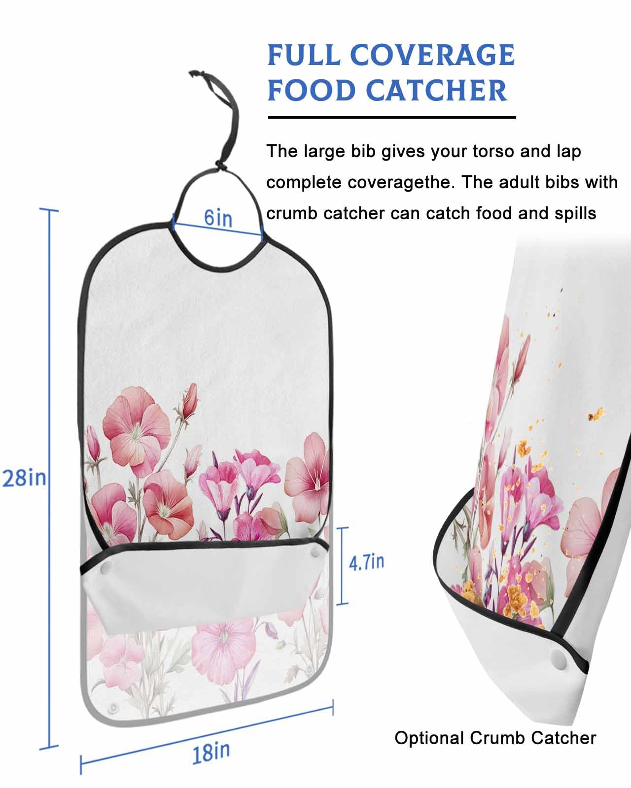 LEOKOTI Pink Spring Floral Adult Bibs for Eating, Waterproof Bibs with Food Catcher & Adjustable Snap Closure, Summer Botanical Watercolor Flower Washable Clothing Protectors Adult Bibs for Elderly