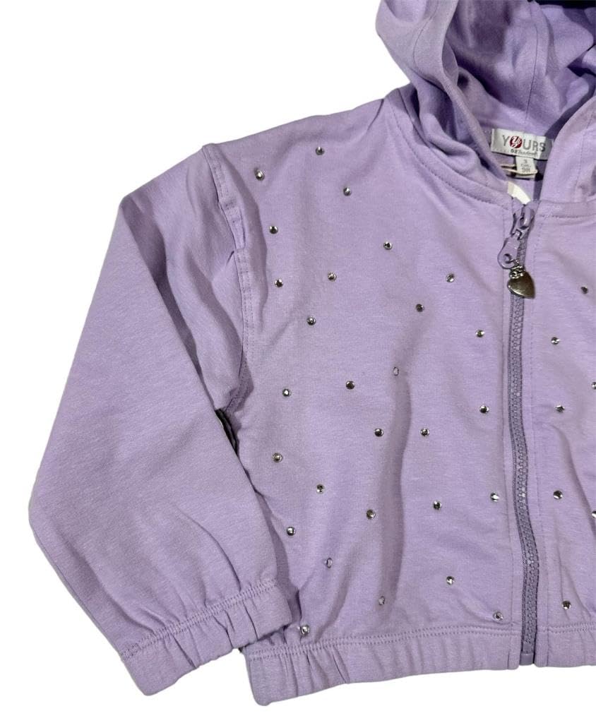 Yours tuta 2 pezzi da bambina, felpa con zip e cappuccio + pantalone, tuta lilla e fuxia over con polsini e strass