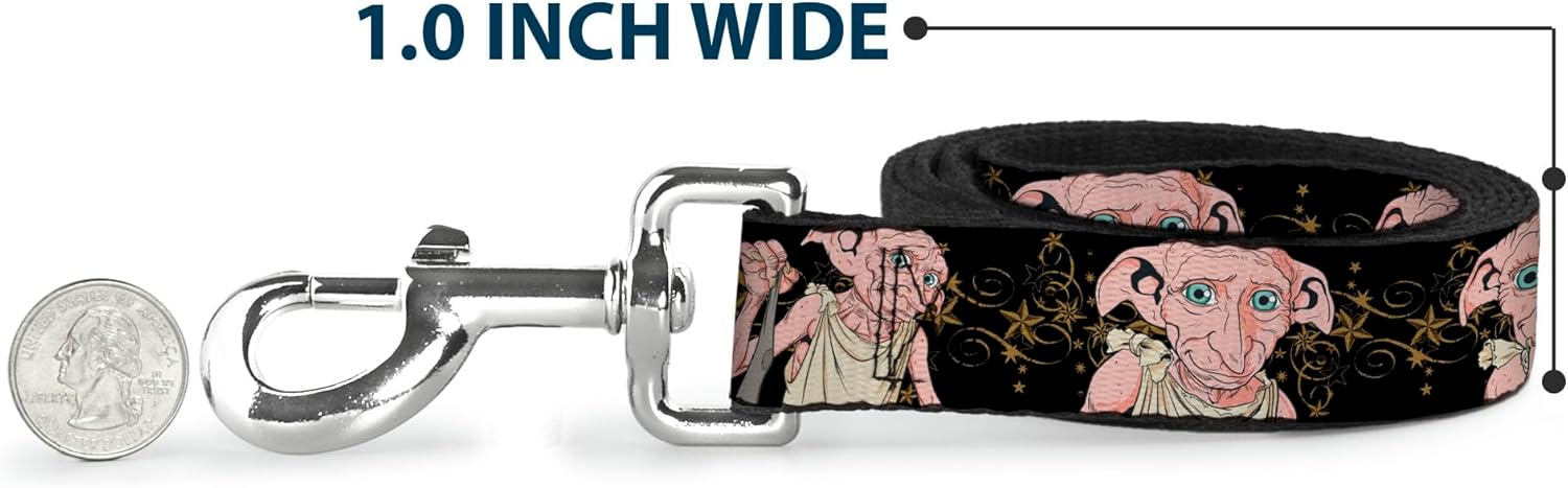 Warner Bros. Pet Leash, Dog Leash, Dobby is Free 3 Dobby Poses Star Swirls Black Gold White, 4 Feet Long 1.5 Inch Wide