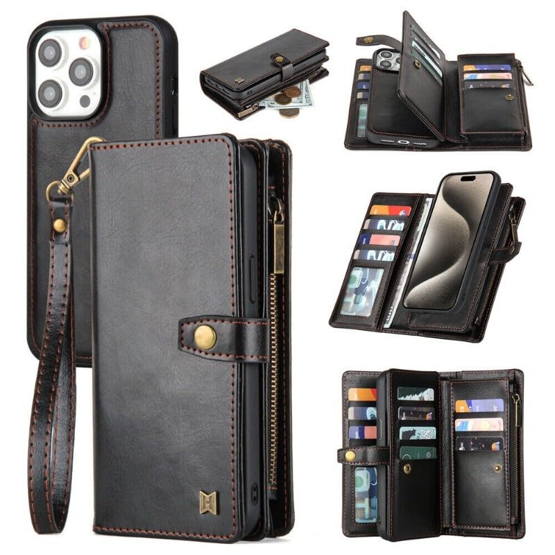 Coque iPhone 13 Pro Max cuir noir avec étui portefeuille fermeture éclair magnétique