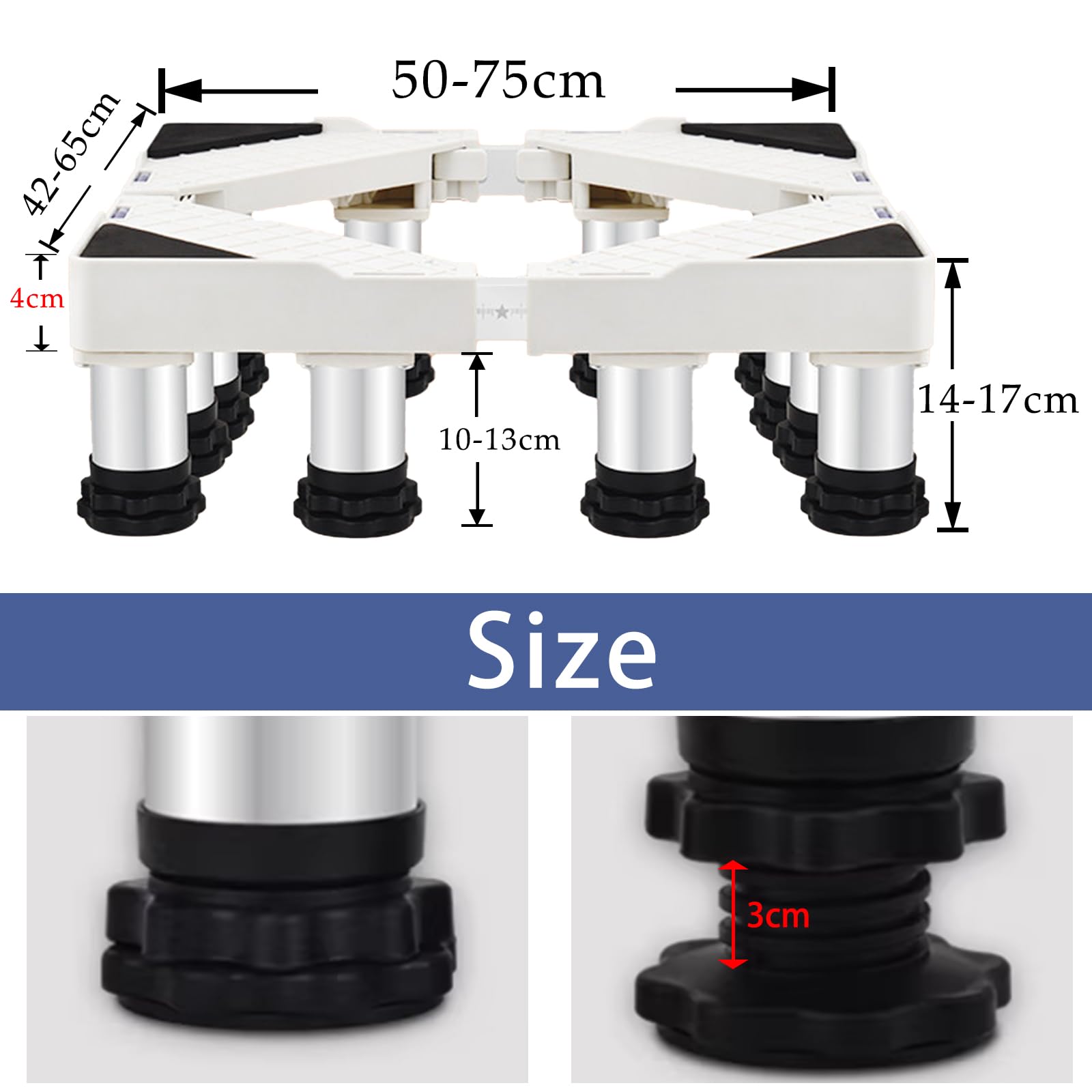 Base Lavadora Regulable: 14-17cm Base Elevador Lavadora Antivibración con 12 Pies de Ventosa Estables Soporte Lavavajillas Carga 200KG Soporte para Secadora Frigorífico-Blanco