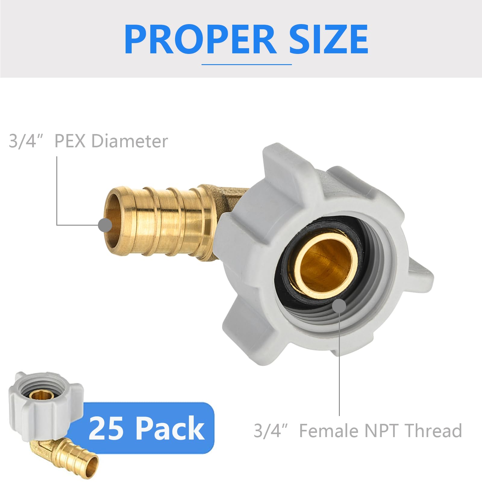 Paquete de 25 Accesorios PEX, Codo Giratorio roscado Hembra NPT de 3/4" x 3/4", Accesorio de engaste de plomería de latón PEX F1807