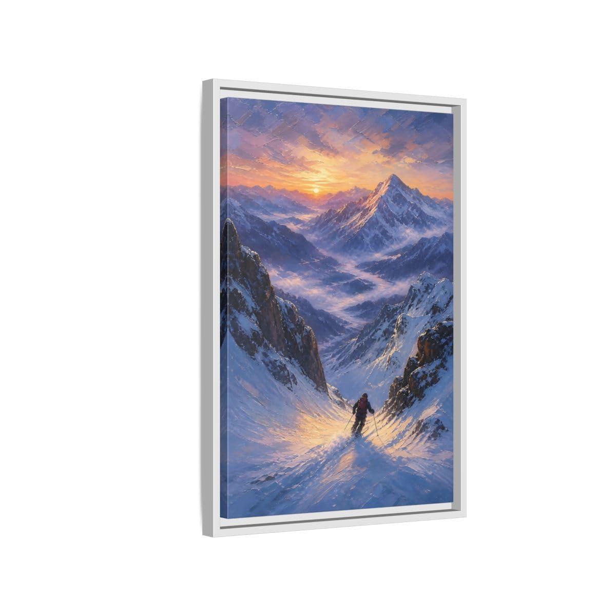 Nature Mountain Skier Snowy Sunset Framed Canvas Print – Living Room, Above Fireplace, Orange and Blue 32×48 inch (80×120 cm) - Vertical/Black / 1.25 inch (3 cm)
