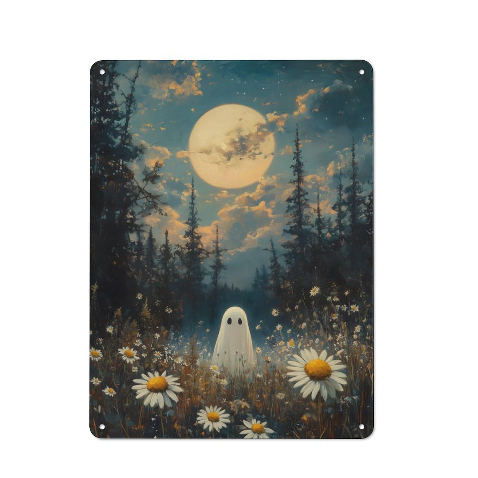 Farmhouse Ghost in Moonlight Forest Country Metal Sign 40x30cm, Cottage Wall Art for Farmhouse Kitchen, Pantry Or Dining Area
