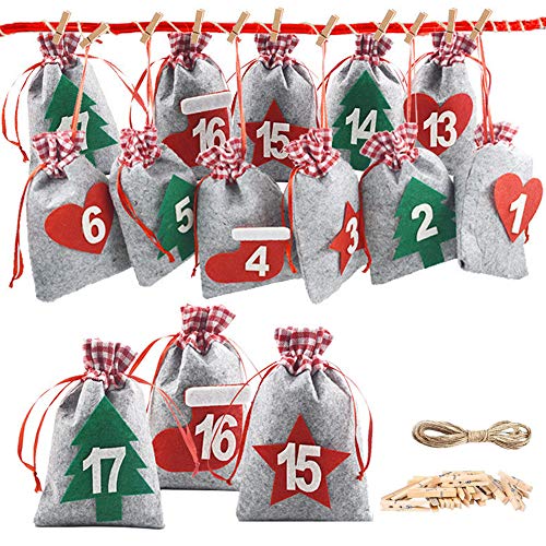 Nsiwem Calendario Adviento Navidad 24 pcs Saquitos de Tela Bolsas Calendario Bolsa para Regalo Navidad Bolsa Chuches Navideñas Cuenta Atrás para Navidad Decoración
