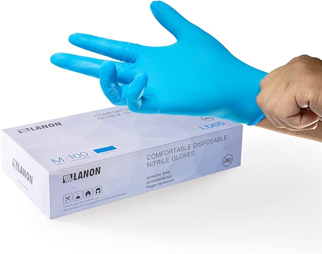 LANON 3 mil Disposable Nitrile Gloves Food Grade with Textured Fingertips, Latex Free, Powder Free, Pack of 100, Blue, Medium