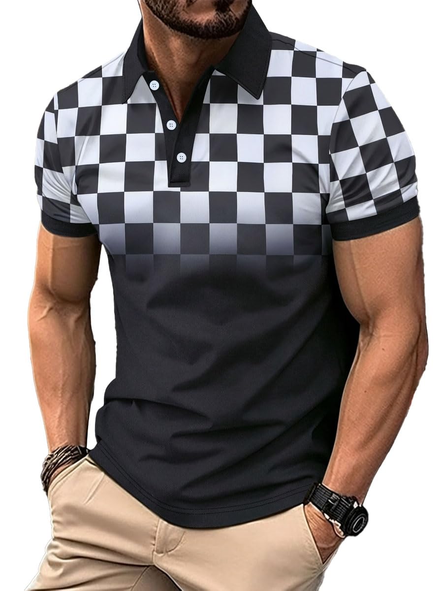 DEEX Men's Casual Polo Shirts Short Sleeve 2026 Stylish Checkered Color Block Summer Button T Shirt Lightweight Golf Slim Fit Shirts for Men with Collar Black XL