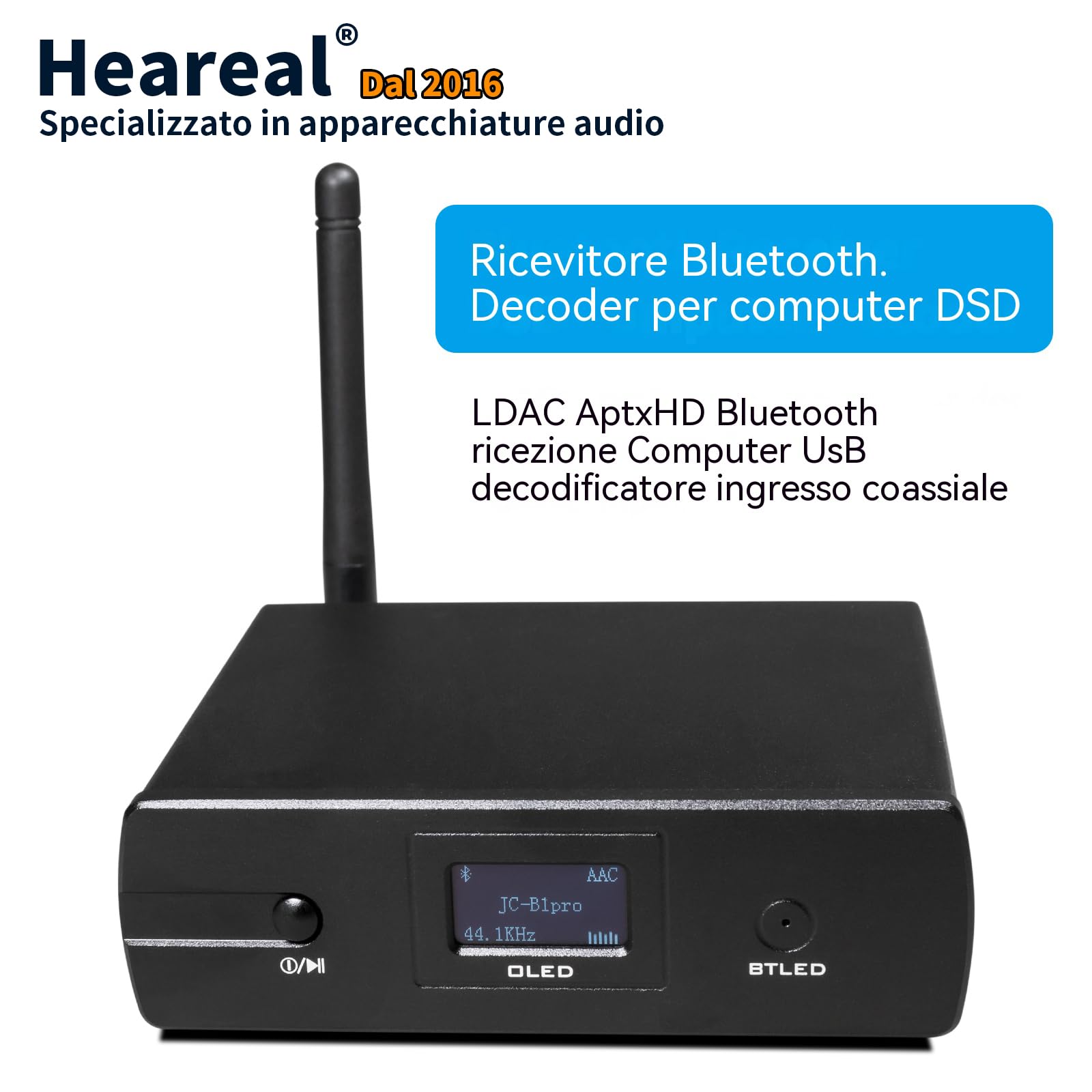 Ricevitore Hi-Fi Bluetooth 5.1 e DAC, decoder ESS9038, audio LDAC/aptX HD Lossless, uscita ad alta risoluzione 24bit/96kHz con display OLED, ingresso USB Type-C e coassiale, per stereo domestico